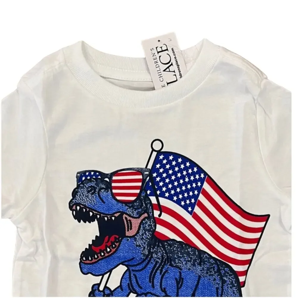 NWT Children's Place White W/4th of July Dinosaur/Flag Graphic Tee - SIZE 6-9M